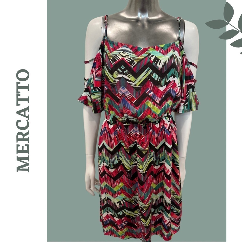 🛍️3/$40 Mercatto Multicolor Zigzag Cold Shoulder Mini Dress Pink Green Medium